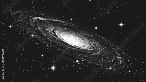 Deep space scene background in stippling style with huge spiral galaxy glowing in the endless universe. Milky Way galaxy. Retro styled dotwork. Pointillism. Shading using dots. Vector illustration
