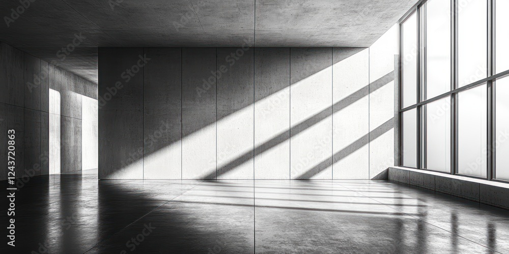 Obraz premium Minimalist concrete room with geometric shapes and soft lighting casting shadows on the floor