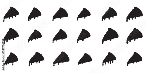 Pizza slice silhouette with flowing cheese vector illustration on white background. Black pizza slice icon vector