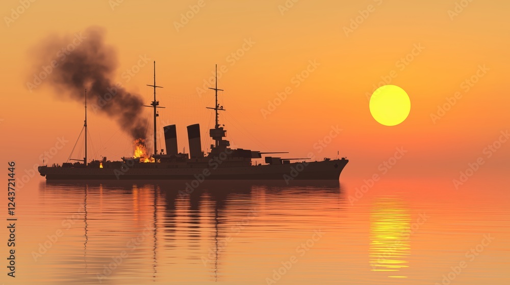 Fiery Dawn Over Naval Ship with Reflections in Water Fiery Dawn Over Naval Ship with Reflections in Water
