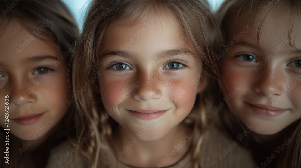 Three young girls with freckles smiling at the camera, showcasing their joyful expressions. Three young girls with freckles smiling at the camera, showcasing their joyful expressions.