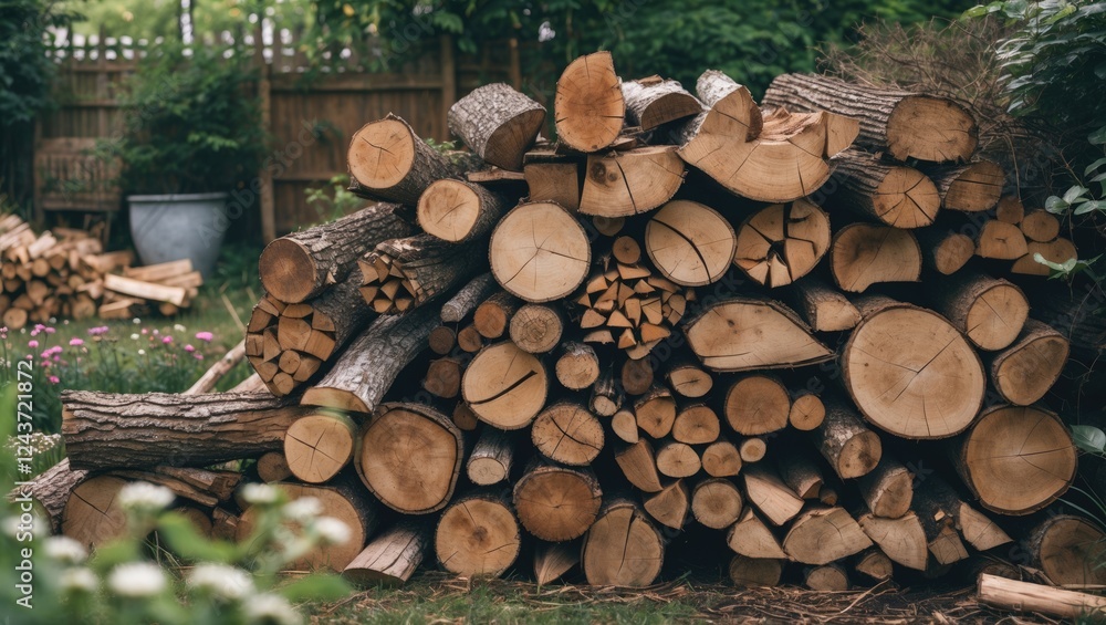 Close-up of stacked firewood in a lush garden showcasing the natural textures and patterns of chopped logs and timber. Close-up of stacked firewood in a lush garden showcasing the natural textures and patterns of chopped logs and timber.
