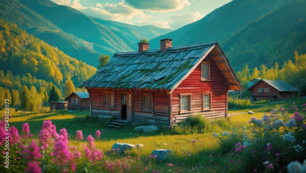 Scenic Rustic Wooden House Surrounded by Lush Mountains and Vibrant Flowers in a Serene Countryside Landscape.