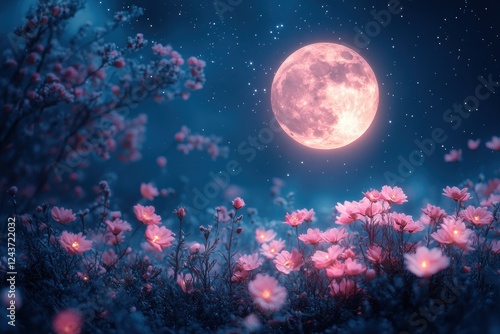 Fototapeta Naklejka Na Ścianę i Meble -  Dreamy moonlit garden with pink and white flowers under starry sky and bright full moon