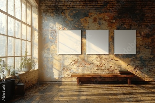 Wallpaper Mural Bright, airy gallery space with three blank canvases on a rustic wall, sunlight streaming through large windows Torontodigital.ca