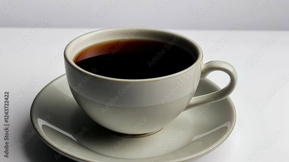 Rotating porcelain coffee cup on white surface captures morning essence Rotating porcelain coffee cup on white surface captures morning essence
