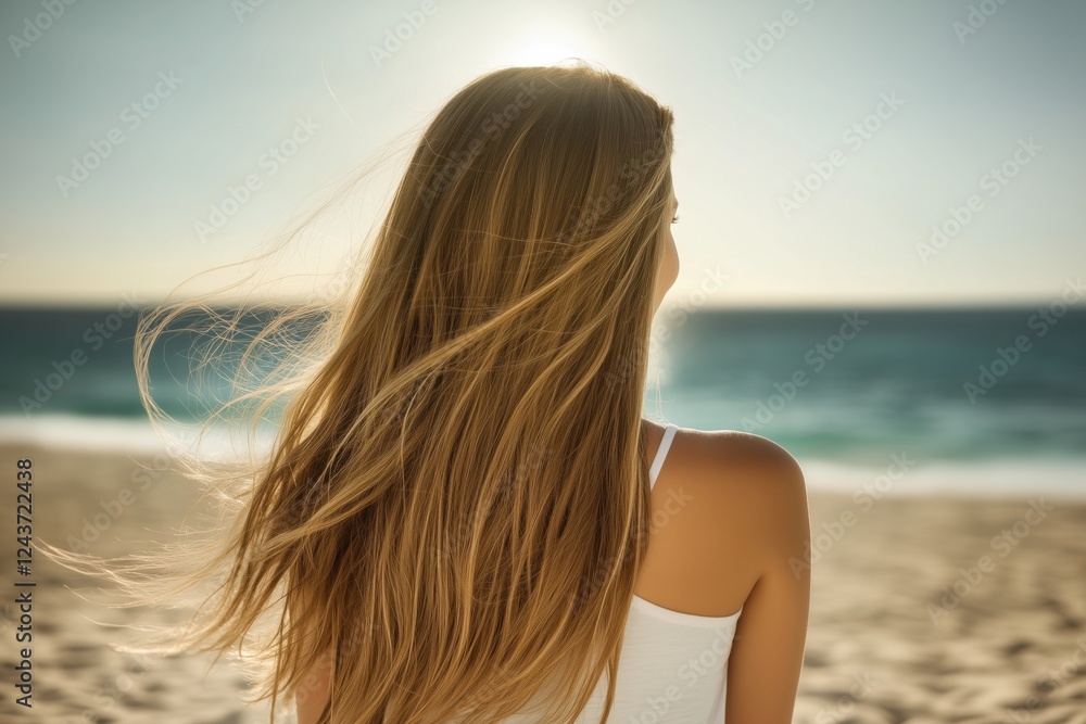 A young woman with long hair standing on the beach, looking at the ocean during sunset. A young woman with long hair standing on the beach, looking at the ocean during sunset.