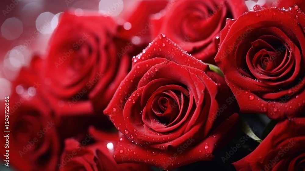 Close-Up of Dewy Red Rose Bouquet with Soft Bokeh Effect, Capturing the Elegance and Beauty of Blooming Roses Close-Up of Dewy Red Rose Bouquet with Soft Bokeh Effect, Capturing the Elegance and Beauty of Blooming Roses