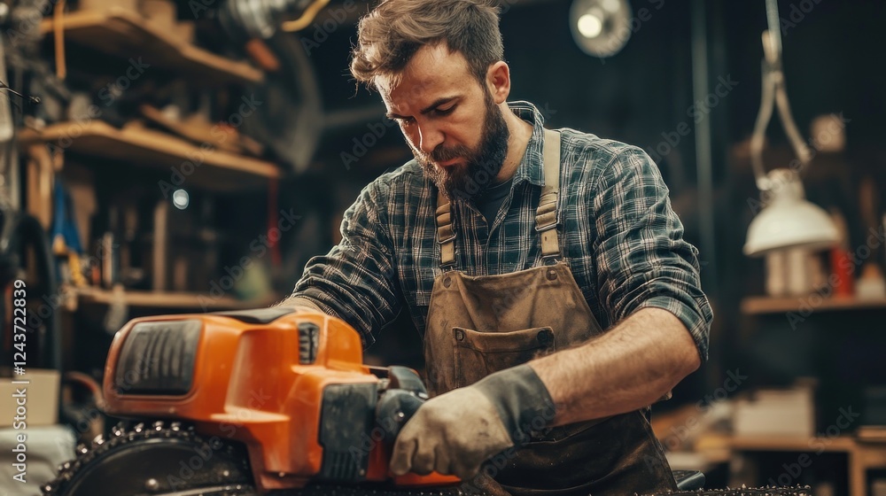 © yoga - A focused craftsman operating a chainsaw in a workshop. © yoga - A focused craftsman operating a chainsaw in a workshop.