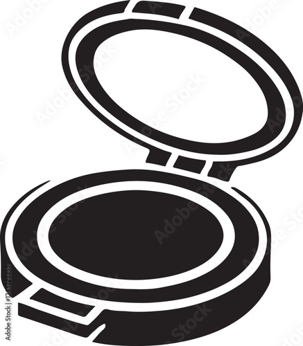 Silhouette vector icon of a compact powder case with a mirror. Perfect for beauty, makeup, and cosmetic designs. Ideal for branding, salons, and fashion.