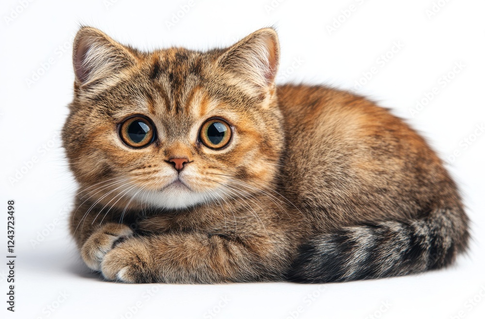 Obraz premium Adorable Domestic Cat with Large Eyes and Soft Fur Relaxing on White Background, Perfect for Pet Lovers and Animal Enthusiasts