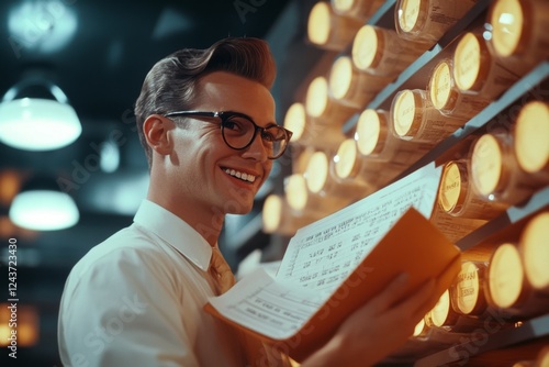 A 1950s-style advertisement for a finance department, featuring a smiling accountant holding a financial ledger photo