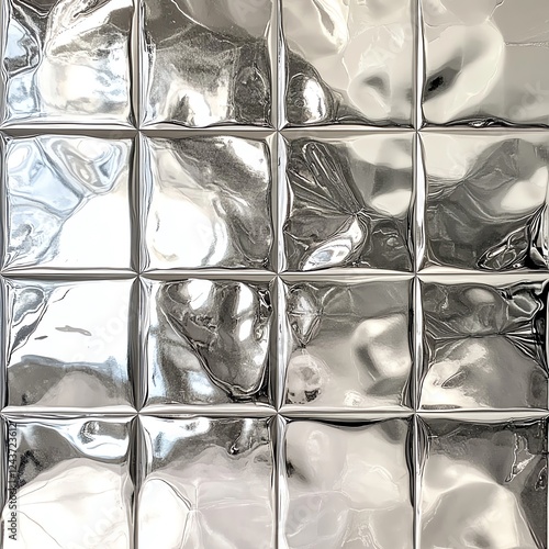 Wallpaper Mural Platinum silver tiles with a mirror-like finish, perfect light bounce, seamless reflective surface, 4:3. Torontodigital.ca