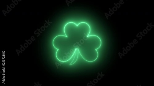 Vivid neon green shamrock with glowing outline on a dark backdrop. Perfect for St. Patrick’s Day posters, cards, digital art, or festive branding. Bold, modern, and eye-catching 4K design