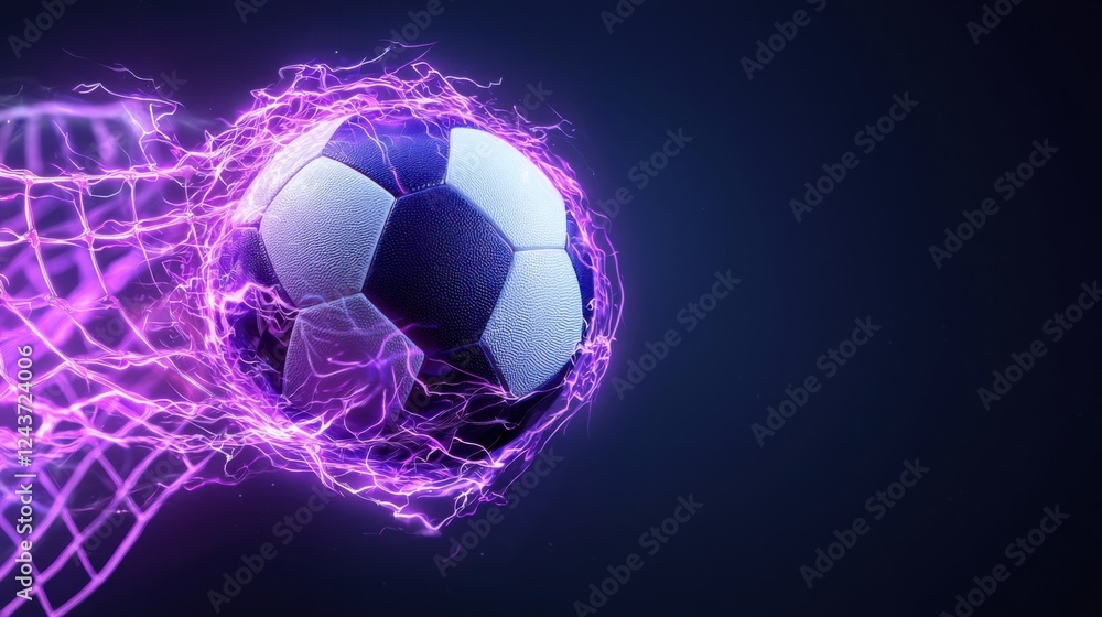 Fototapeta premium A glowing digital football colliding with a futuristic holographic net in a dynamic high speed motion The image depicts the power energy and velocity of the game of football in a visually striking