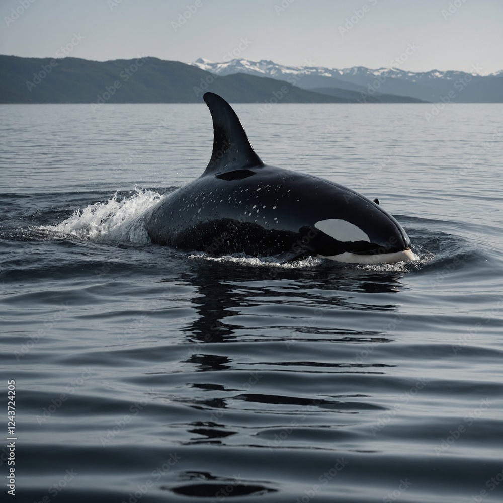 Naklejka premium A sleek orca whale emerging from the ocean surface, its black-and-white pattern standing out.