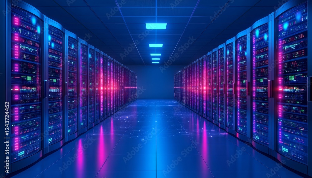 Futuristic Data Center with Rows of Servers, Neon Lights, Big Data Technology Concept Futuristic Data Center with Rows of Servers, Neon Lights, Big Data Technology Concept