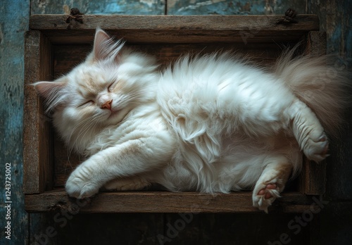 Adorable fluffy cat sleeping peacefully in a rustic wooden box with a charming vintage background photo