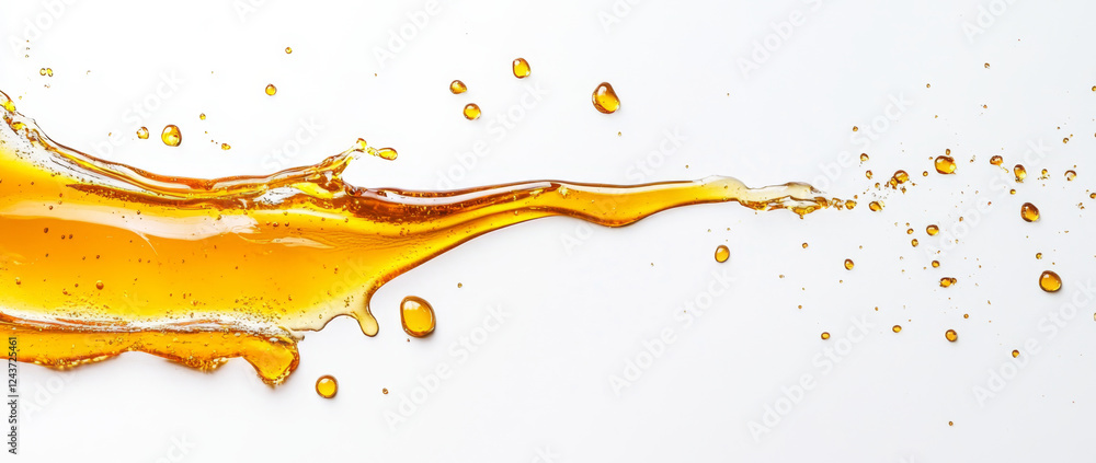 Obraz premium Drizzles of golden honey create intriguing splashes as they move across a white surface. The liquid forms captivating shapes and highlights the natural viscosity and color of honey.