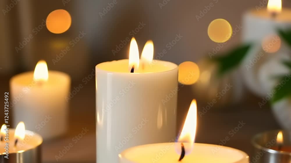 A single burning candle with blurred background of other candles. A single burning candle with blurred background of other candles.