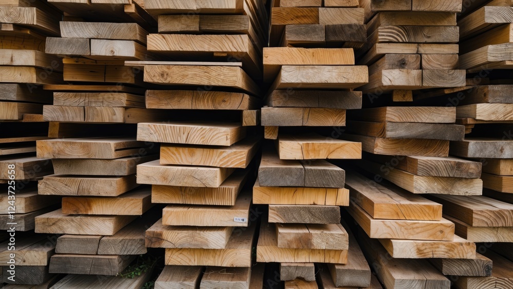 Stacked wooden planks neatly arranged in a lumber yard showcasing various textures and colors of timber for construction and woodworking projects. Stacked wooden planks neatly arranged in a lumber yard showcasing various textures and colors of timber for construction and woodworking projects.