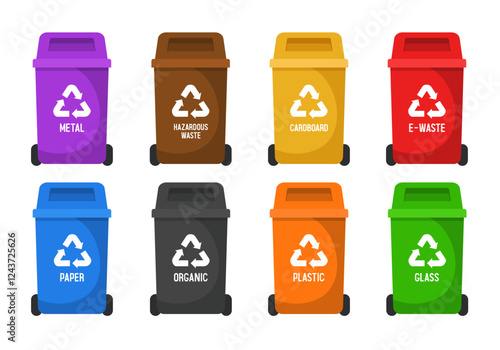 Recycling Bins. Containers for different types of garbage. Containers of different colors. Set of vector illustrations