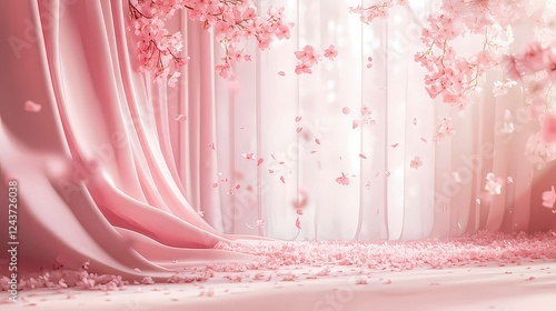 Dreamy Pink Blossom Forest Scene with Falling Petals and other elements like Curtains and Fabrics. Illustration with Soft Colors and Magical Elements. A peaceful, serene scene perfect for Spring photo