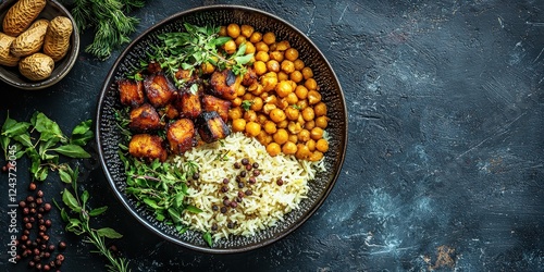 A glowing bowl of puliyodarai (tamarind rice) garnished with roasted peanuts, curry leaves, and a side of papad. The vibrant yellow of the rice highlights the tangy and spicy flavors  photo