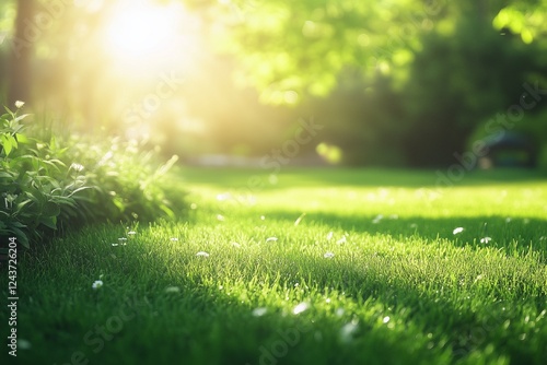 Freshly cut thick grass and lawn mower out of focus, sunny morning, view from below. Freshly cut grass in the backyard, electric lawn mower in the sun. photo