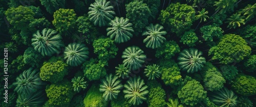 Aerial View of Lush Green Tropical Forest Canopy Showcasing Diverse Tree Ecosystem and Nature's Texture with Space for Text Overlay photo