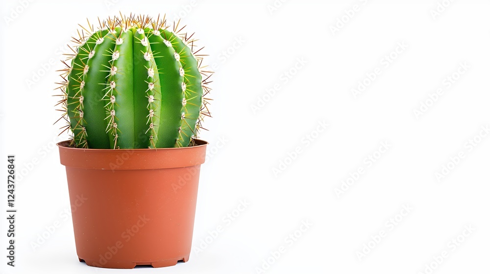 Vibrant Green Spherical Cactus in Terracotta Pot on White Background Vibrant Green Spherical Cactus in Terracotta Pot on White Background