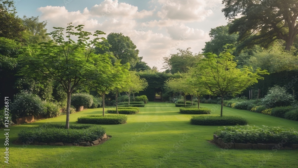 Serene Countryside Garden with Lush Green Trees and Expansive Lawn Ideal for Tranquil Outdoor Spaces and Text Overlay Options Serene Countryside Garden with Lush Green Trees and Expansive Lawn Ideal for Tranquil Outdoor Spaces and Text Overlay Options