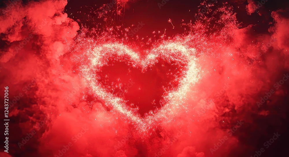 Glowing Red Heart Fireworks Abstract Background With Sparkle Effect And Particles Design. Romantic Illustration For Valentines Day Celebration. Red Background With Heart Shape Sparkles Illustration Glowing Red Heart Fireworks Abstract Background With Sparkle Effect And Particles Design. Romantic Illustration For Valentines Day Celebration. Red Background With Heart Shape Sparkles Illustration