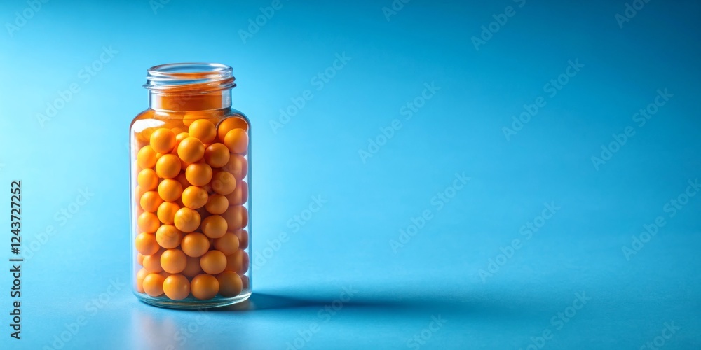 Glass Jar Filled with Yellow Balls on a Blue Background Glass Jar Filled with Yellow Balls on a Blue Background