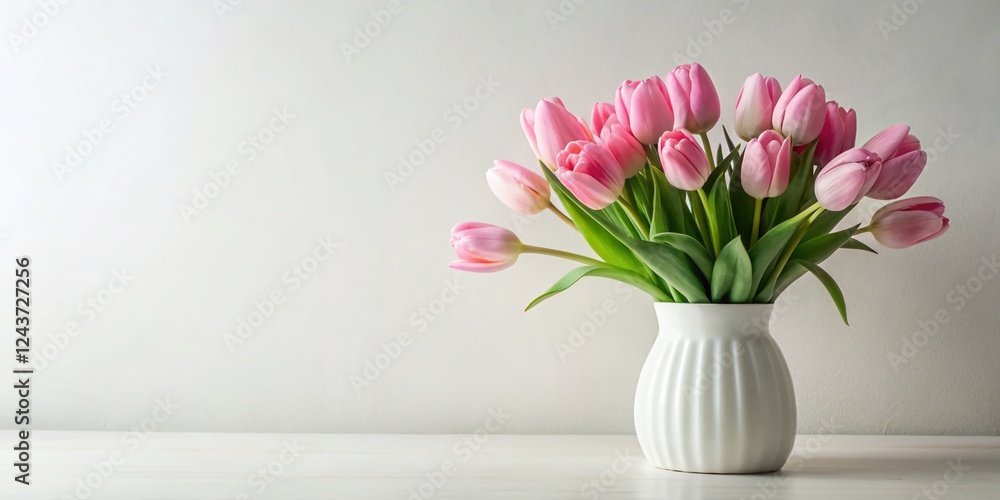 Minimalist Pink Tulips in White Vase - Simple Spring Floral Still Life Minimalist Pink Tulips in White Vase - Simple Spring Floral Still Life