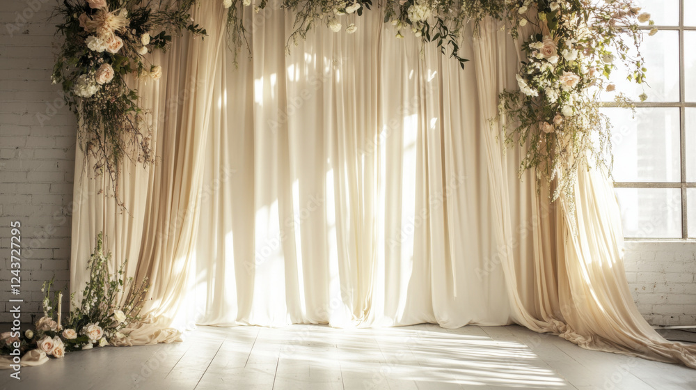 serene boho wedding backdrop with flowing drapes and floral arrangements serene boho wedding backdrop with flowing drapes and floral arrangements