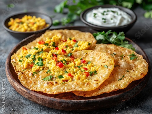 A glowing close-up of freshly fried kuttu puri served with a bowl of aloo sabzi and a side of curd, garnished with chopped coriander. The warm tones and rustic presentation highlight its festive  photo