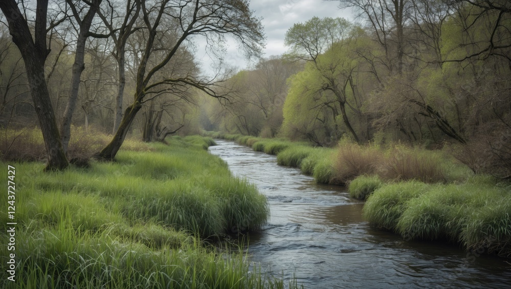 Tranquil River Surrounded by Lush Greenery and Trees in a Serene Natural Landscape Tranquil River Surrounded by Lush Greenery and Trees in a Serene Natural Landscape