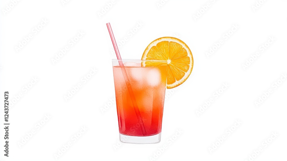 Refreshing Orange and Red Beverage with Ice and Straw on White Background Refreshing Orange and Red Beverage with Ice and Straw on White Background