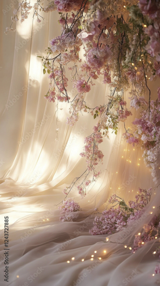 Naklejka premium Whimsical floral backdrop with soft drapes and fairy lights creating dreamy atmosphere