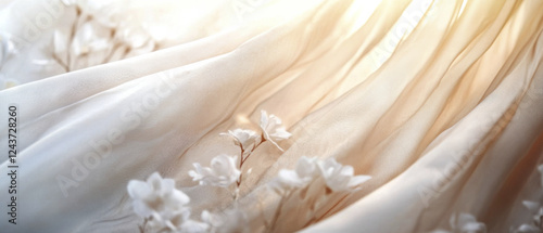 Soft fabric draped elegantly with delicate flowers, creating romantic atmosphere
