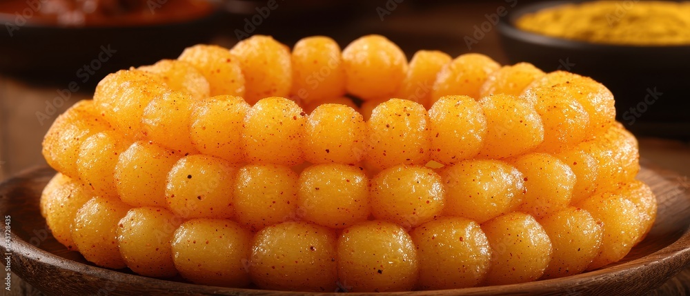 Fototapeta premium A glowing macro shot of freshly fried chakli, arranged on a rustic wooden plate, with visible specks of spices on its golden brown spirals. The crunchy texture is highlighted beautifully 