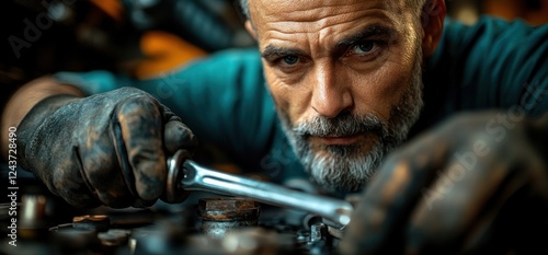 Wallpaper Mural Close Up of Mechanic Tightening Bolt with Wrench in Garage Repair Service Torontodigital.ca