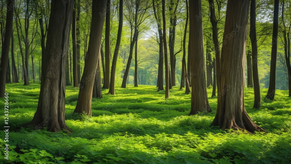 Naklejka premium Lush Green Forest with Tall Tree Trunks Illuminated by Sunlight on a Clear Day
