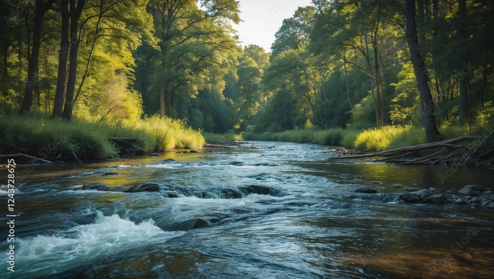 Serene River Winding Through Lush Green Forest in Summer Sunshine Serene River Winding Through Lush Green Forest in Summer Sunshine