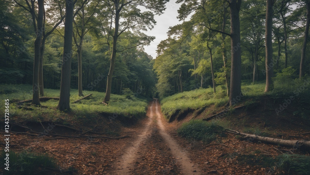 Serene forest pathway with dappled sunlight and an inviting gap between trees ideal for text overlay and nature themed projects Serene forest pathway with dappled sunlight and an inviting gap between trees ideal for text overlay and nature themed projects