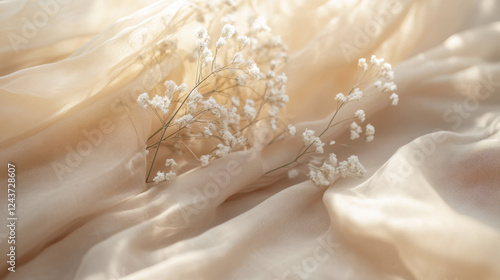 Soft beige fabric with delicate white flowers, creating romantic atmosphere