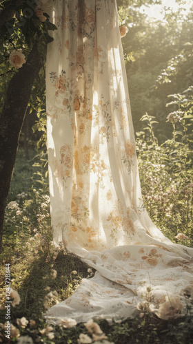 romantic boho wedding textile drapes gracefully in sunlit garden, surrounded by blooming flowers and greenery