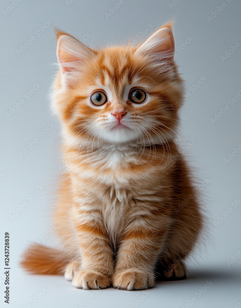 Adorable fluffy orange tabby kitten with big eyes sitting gracefully on a soft background, perfect for animal lovers and pet enthusiasts' projects Adorable fluffy orange tabby kitten with big eyes sitting gracefully on a soft background, perfect for animal lovers and pet enthusiasts' projects