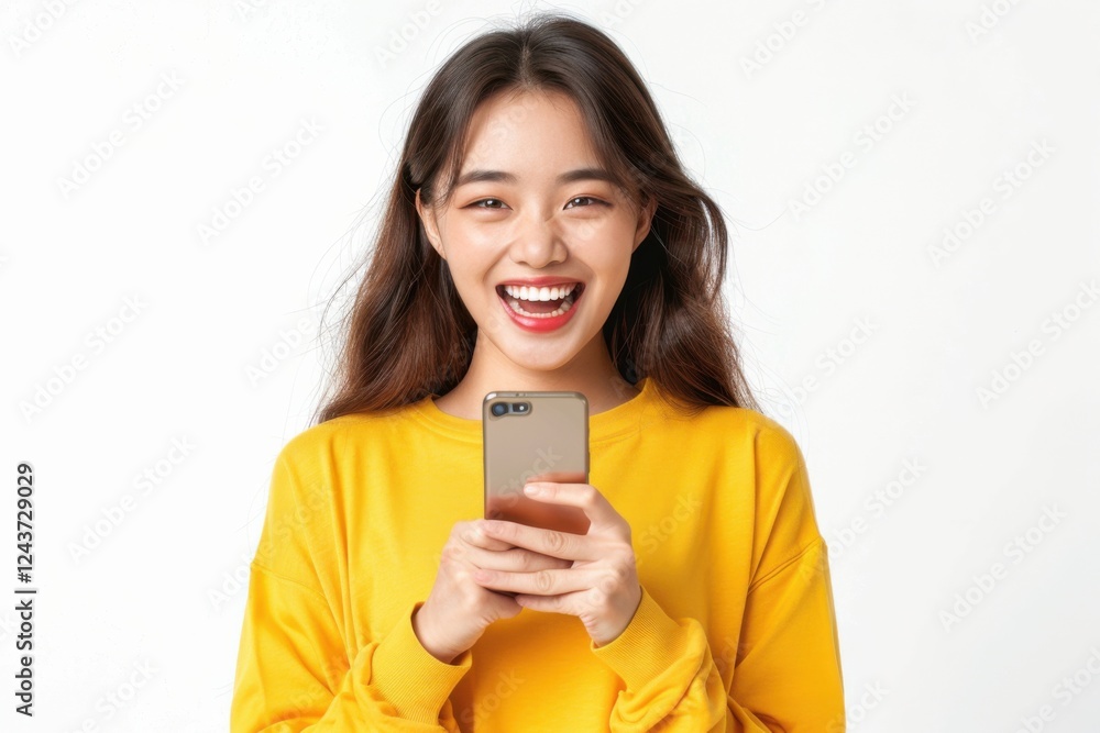 Asian woman with a smartphone, celebrating her victory with a joyous expression, white background Asian woman with a smartphone, celebrating her victory with a joyous expression, white background